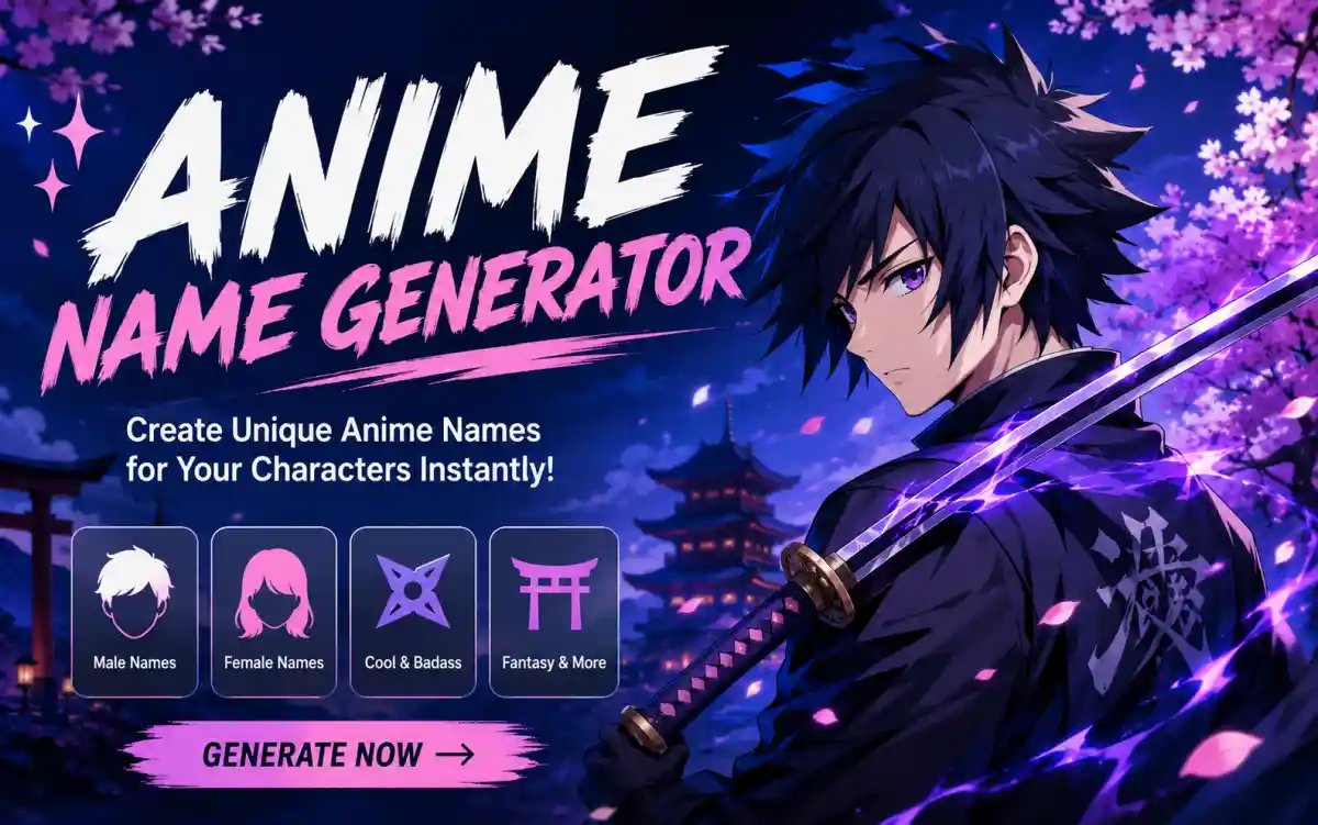 Anime character name generator showing Japanese-inspired names for manga and game characters