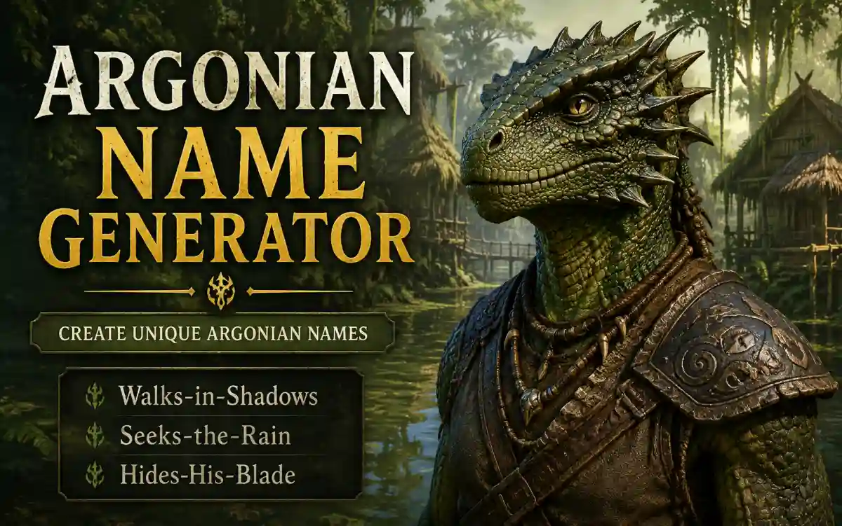 Argonian name generator showing authentic Elder Scrolls lizard-folk names for roleplay and gaming