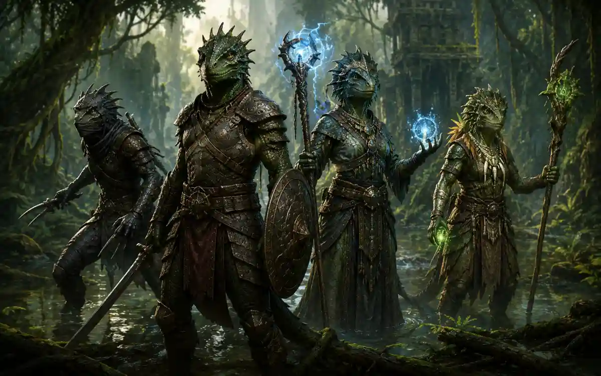 Argonian naming style guide showing Saxhleel names warrior names and nature-themed Argonian titles