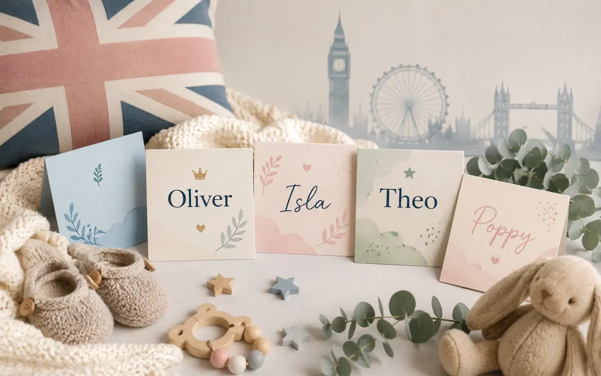 British name inspiration board showing classic and modern UK naming styles from across the centuries