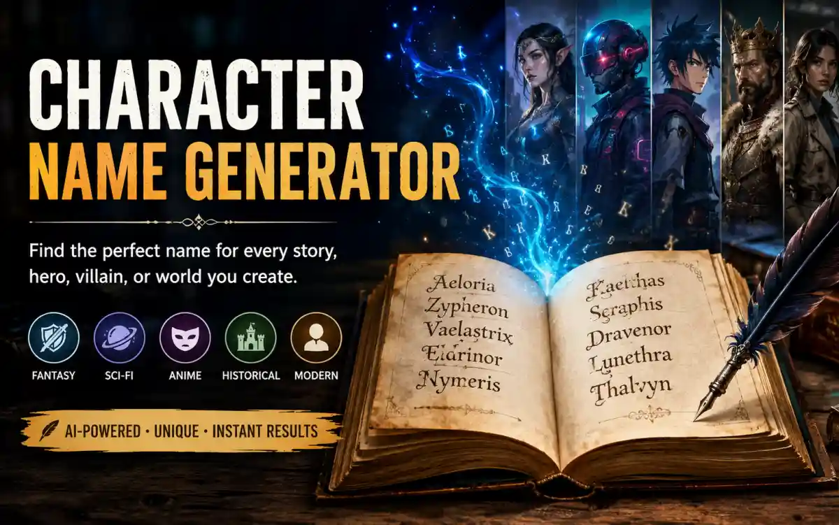 Character name generator tool showing diverse fictional names for fantasy and modern stories