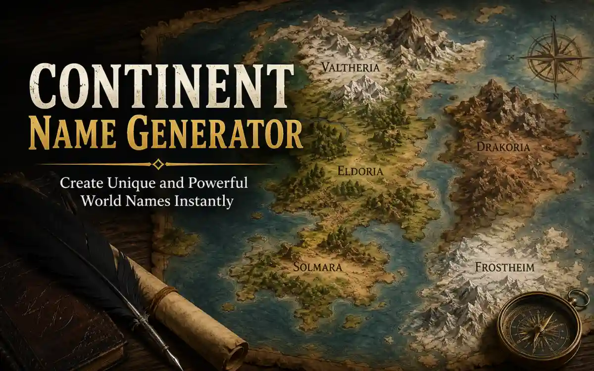 Fantasy world map with continent names and illustrated landmasses