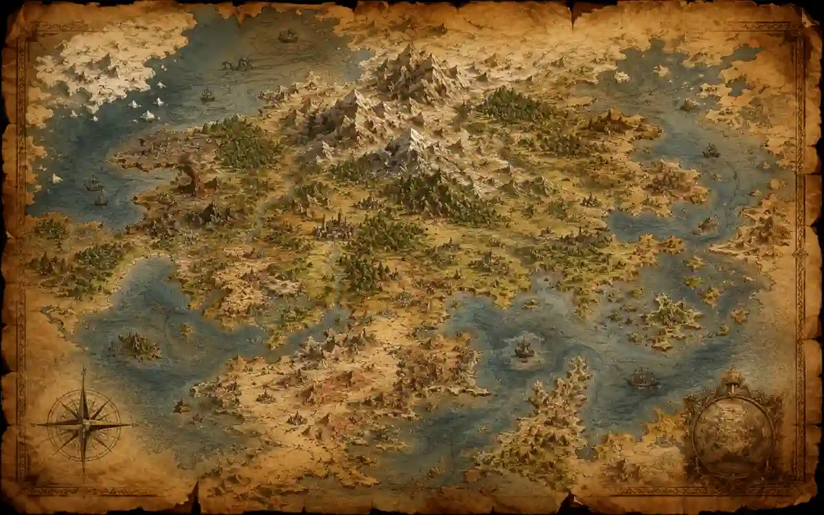 Illustrated worldbuilding map with multiple continents and fantasy regions