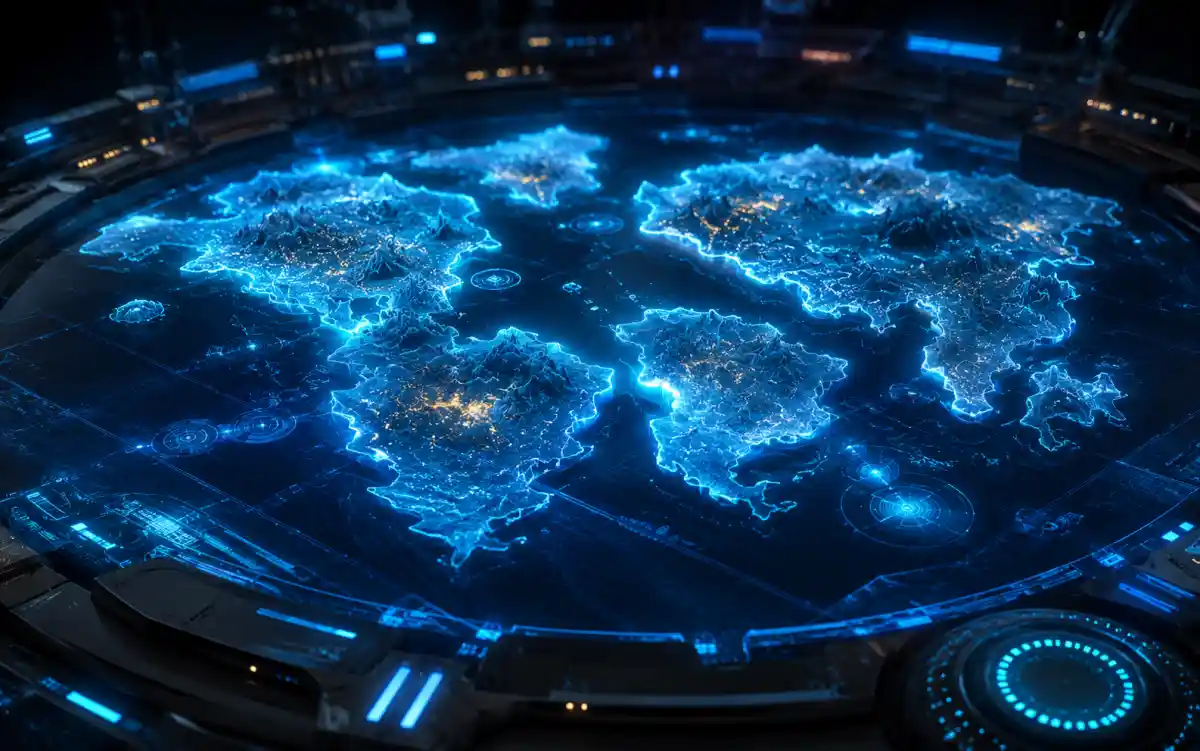 Sci-fi planet surface with glowing continent outlines and futuristic city lights