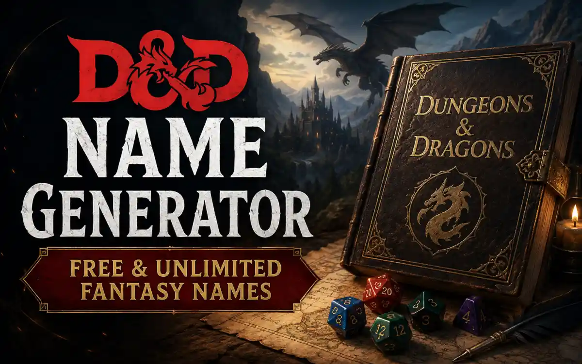 Fantasy D&D character names displayed across a tabletop RPG setting with dice and character sheets