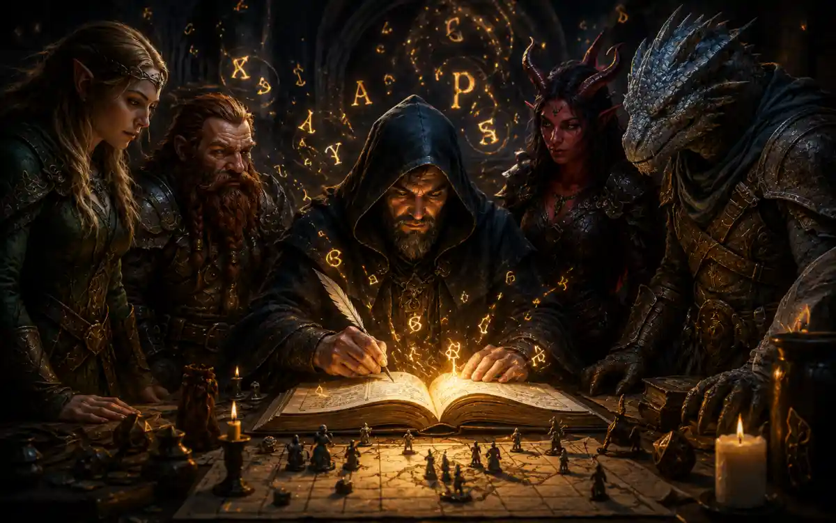 Elf, dwarf, and human D&D character name inspiration with fantasy artwork and lore book