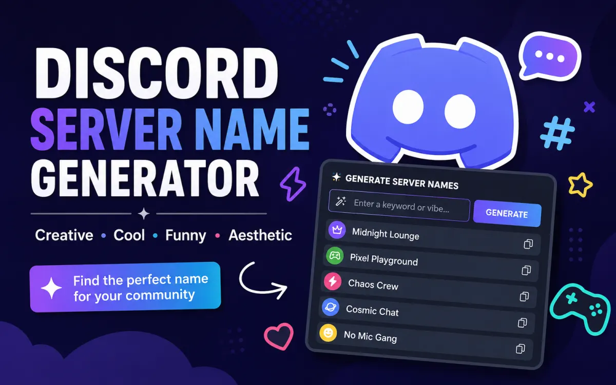 Creative Discord server name ideas displayed in a chat interface showing gaming, aesthetic, and social server styles