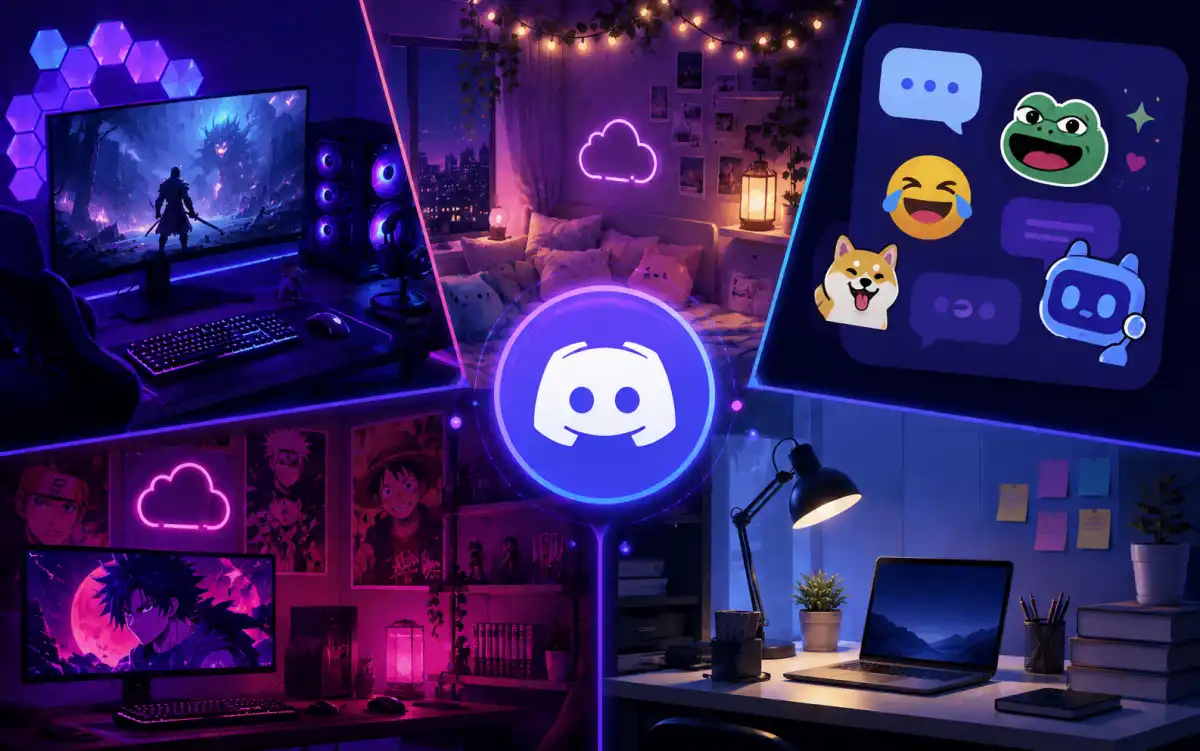 Examples of Discord server name styles including funny, cool, and aesthetic options for different community types