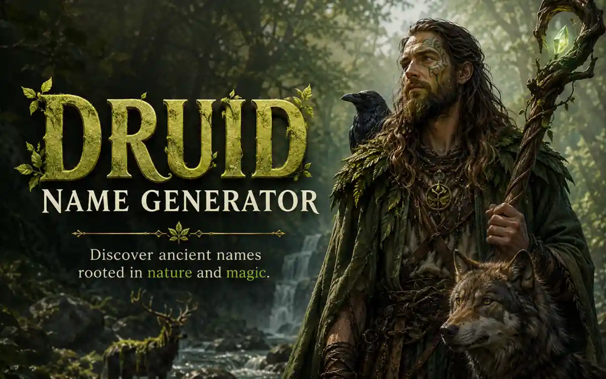 Fantasy druid character surrounded by ancient forest and glowing natural magic