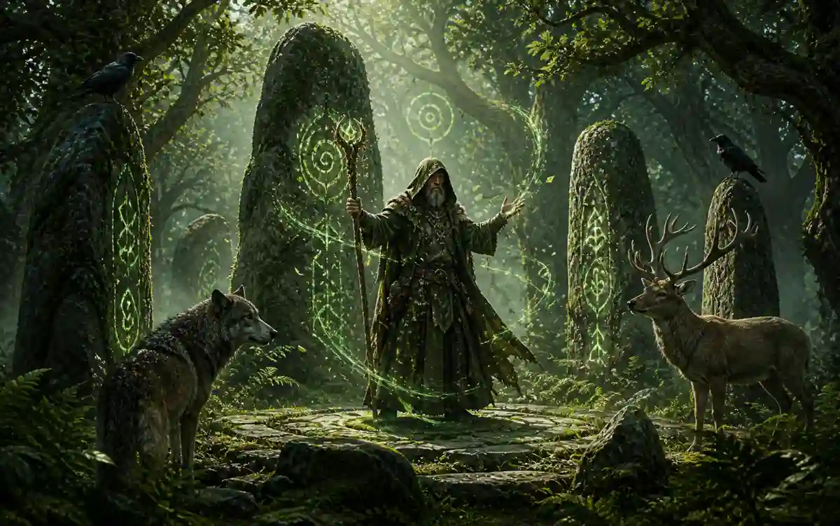 Druid names carved into ancient standing stones surrounded by misty wilderness