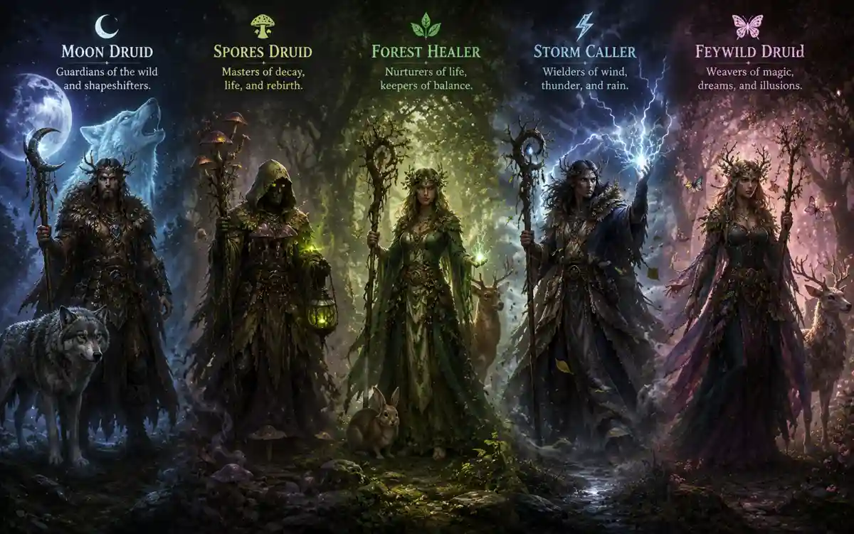 Collection of druid name styles from Celtic-inspired to elemental and animal-themed fantasy names