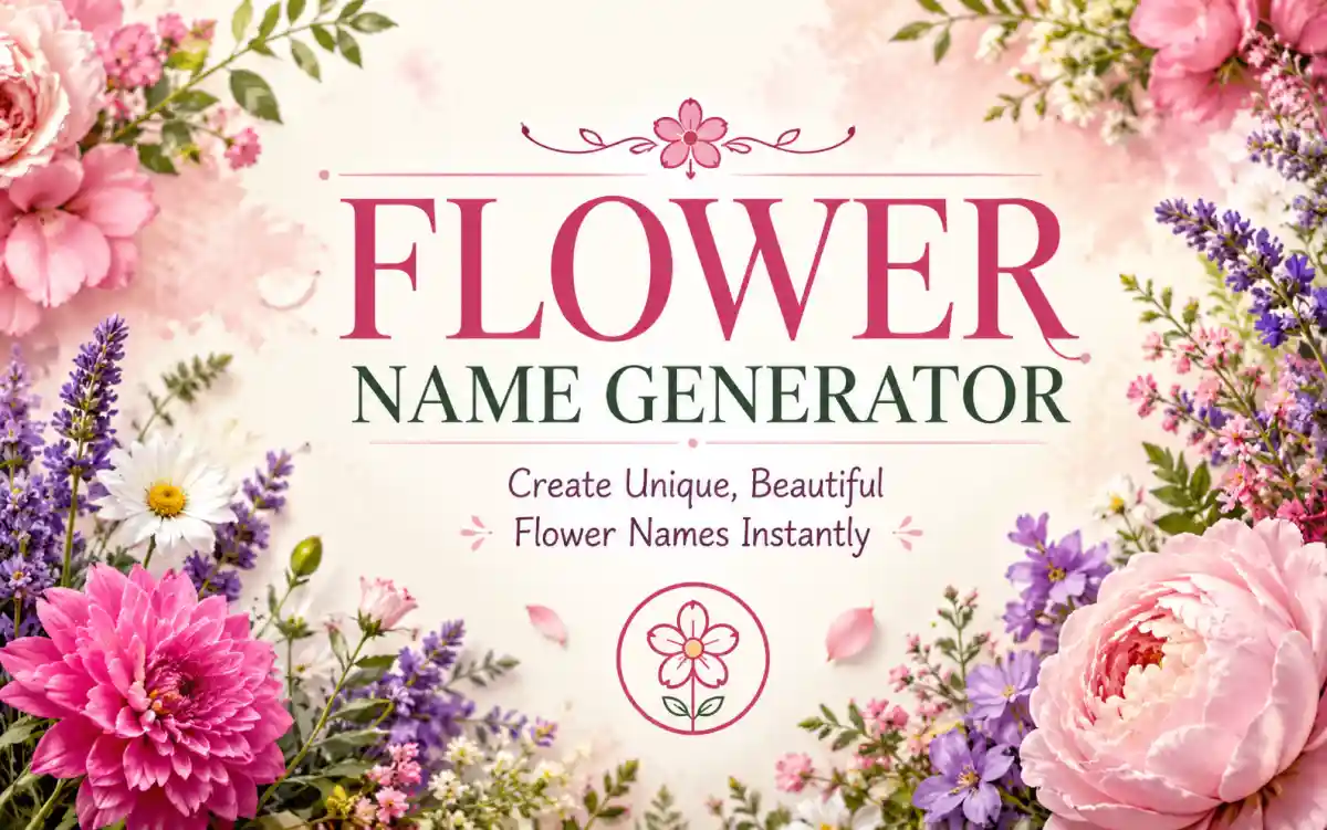 Colorful flower-inspired names displayed across a botanical garden setting