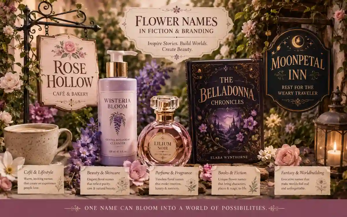 Flower names paired with dramatic surnames showing creative character naming combinations