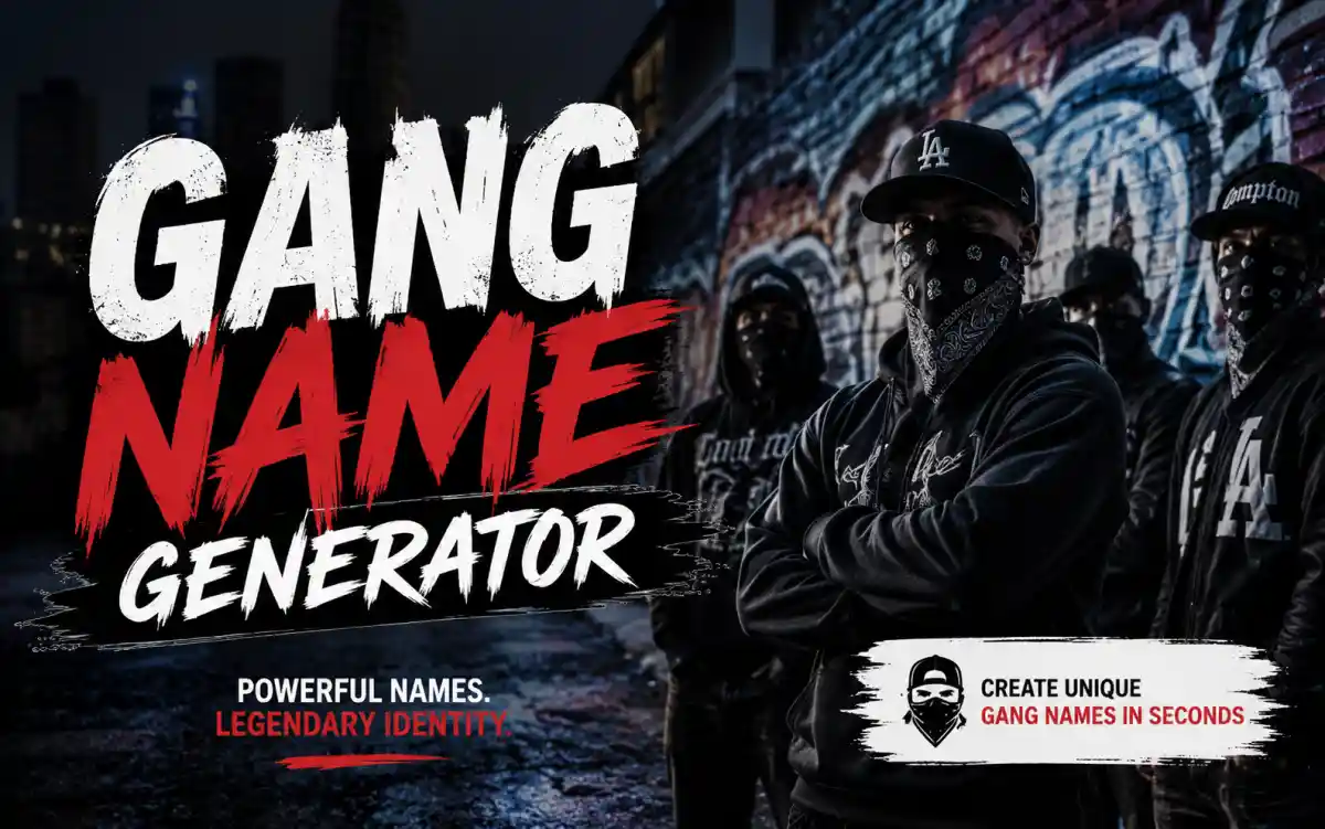 Fictional gang names displayed across a gritty urban street setting with graffiti and neon