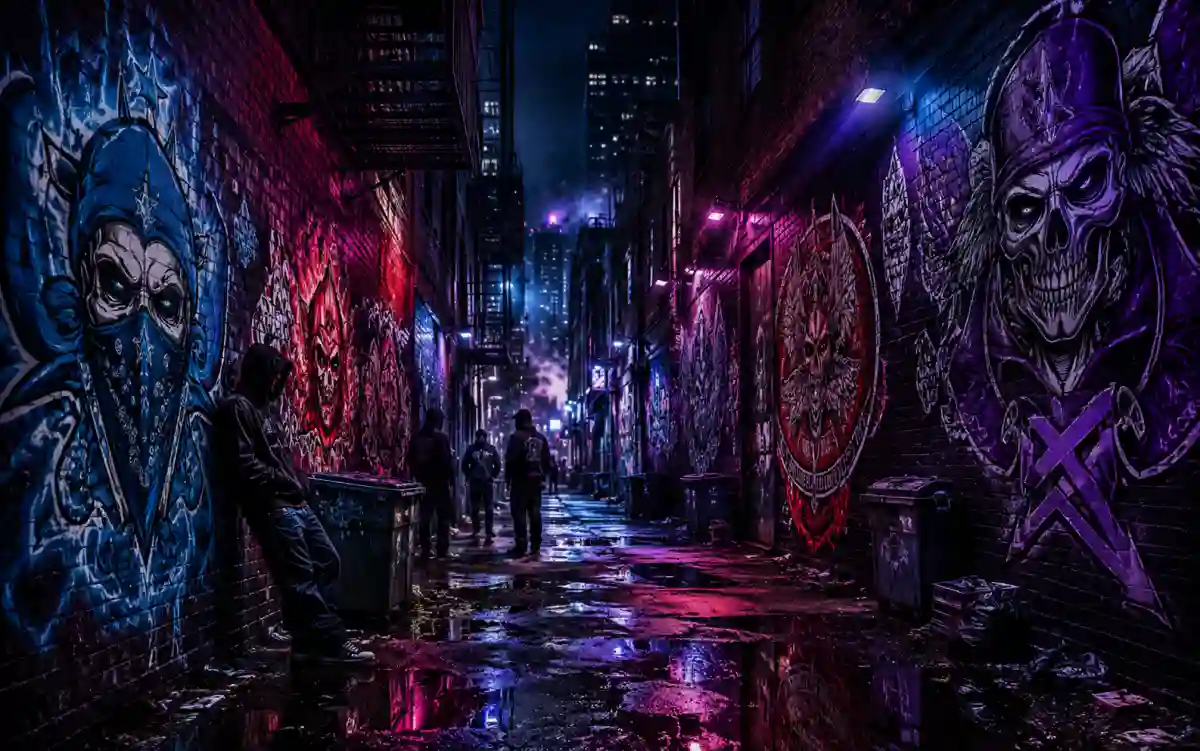 Street gang, biker club, and mafia organization name styles illustrated for fiction and games