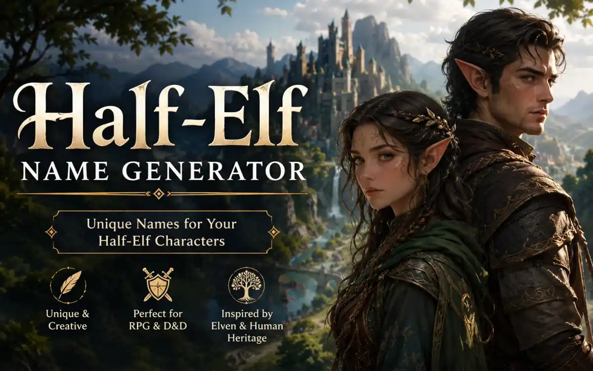 Half-elf character concept art blending human and elven features for fantasy RPG naming