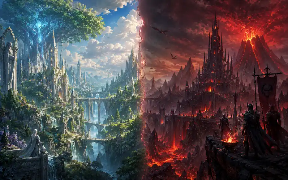 Split illustration of an elvish forest kingdom contrasted with a dark volcanic empire