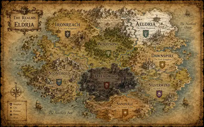 Hand-drawn fantasy kingdom map showing realms like Aeloria, Ironreach, and Dreadmoor
