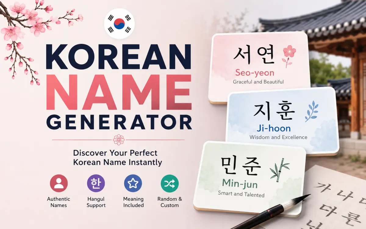 Korean name generator tool showing authentic Korean names with Hangul characters