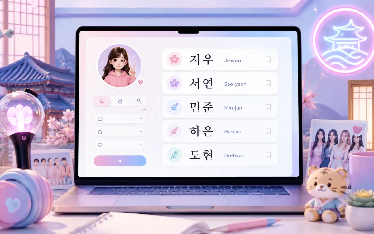 K-pop inspired Korean names displayed with Hangul spelling and romanized pronunciation
