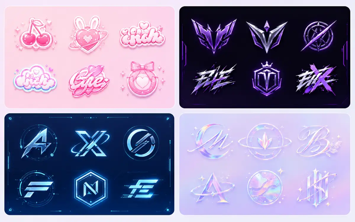Sample K-pop group name styles including futuristic and aesthetic concepts