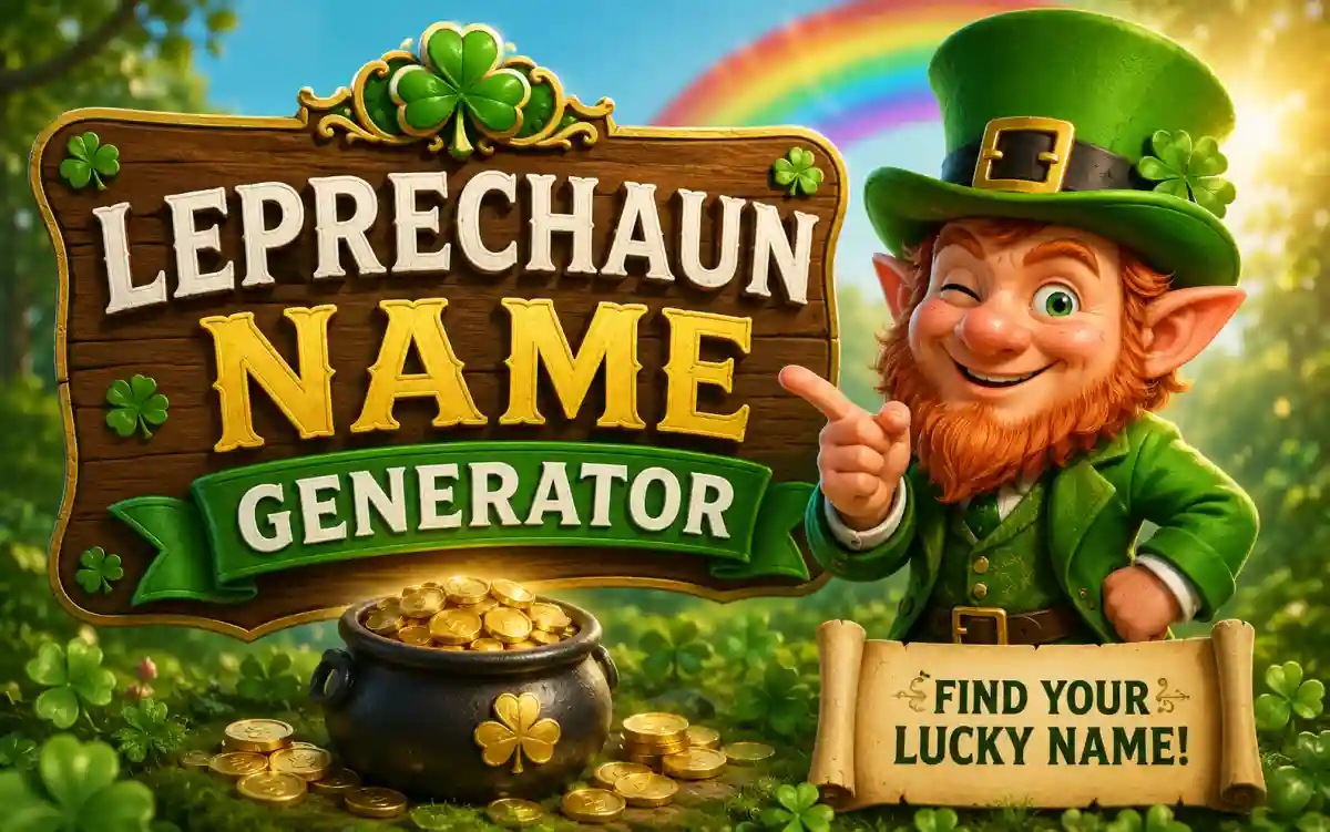 Leprechaun name generator showing Irish-inspired playful name combinations with gold and clover themes