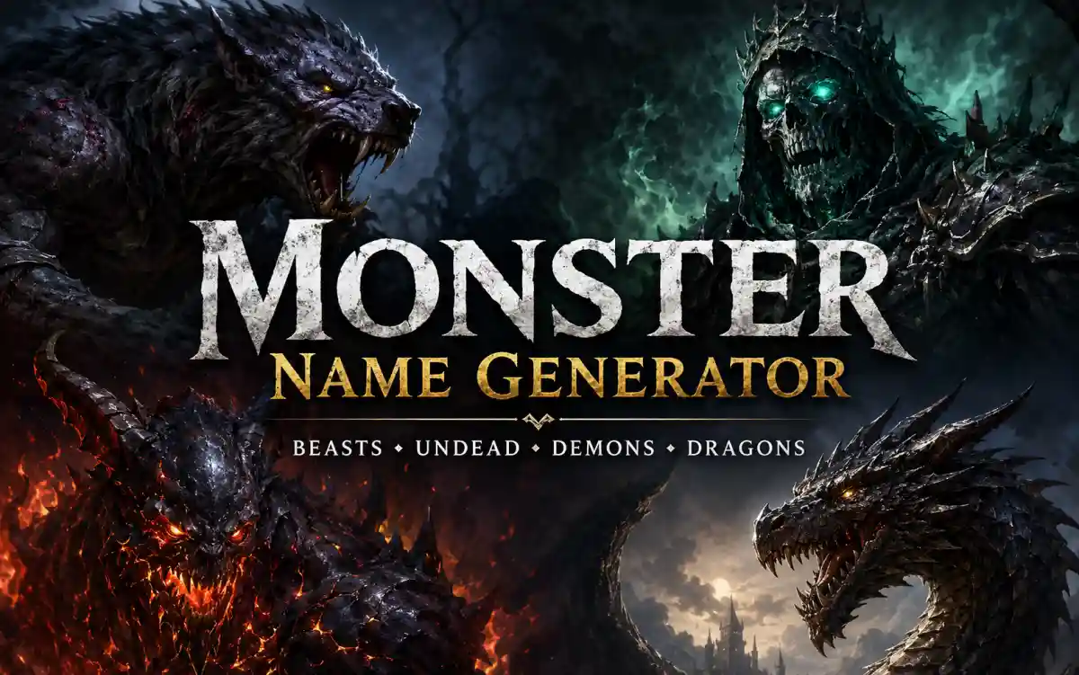 Fantasy monster name generator showing Beast, Undead, Demon, and Dragon name categories for D&D and worldbuilding