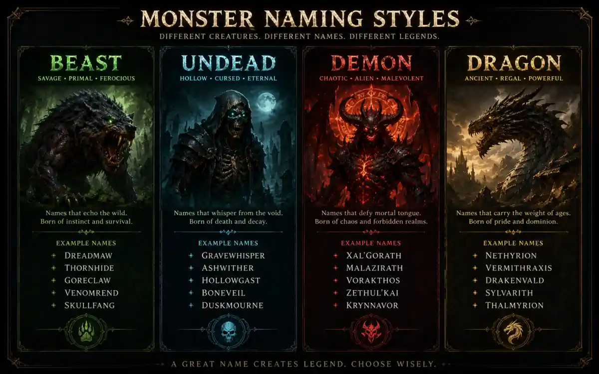 Dark fantasy monster names for D&D campaigns including undead, demon, and dragon categories with pronunciations and meanings