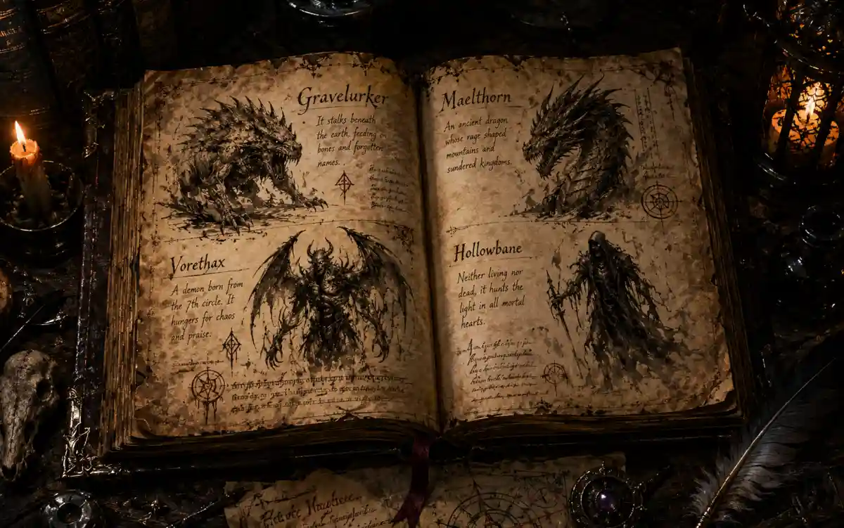 Iconic monster names from popular fantasy media like D&D, Dark Souls, and Elden Ring inspire dark fantasy creature naming styles
