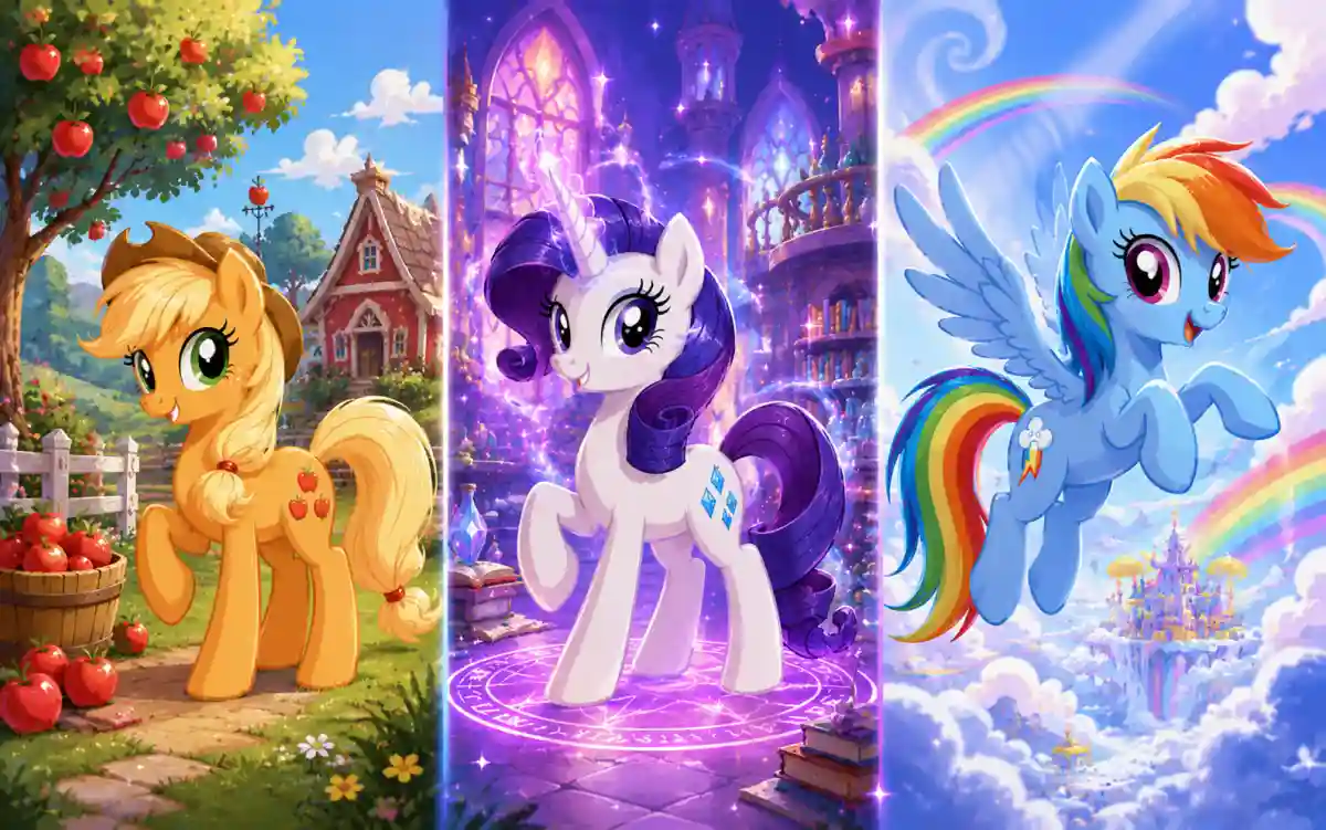 Earth Pony, Unicorn, Pegasus and Alicorn pony types with example names for each