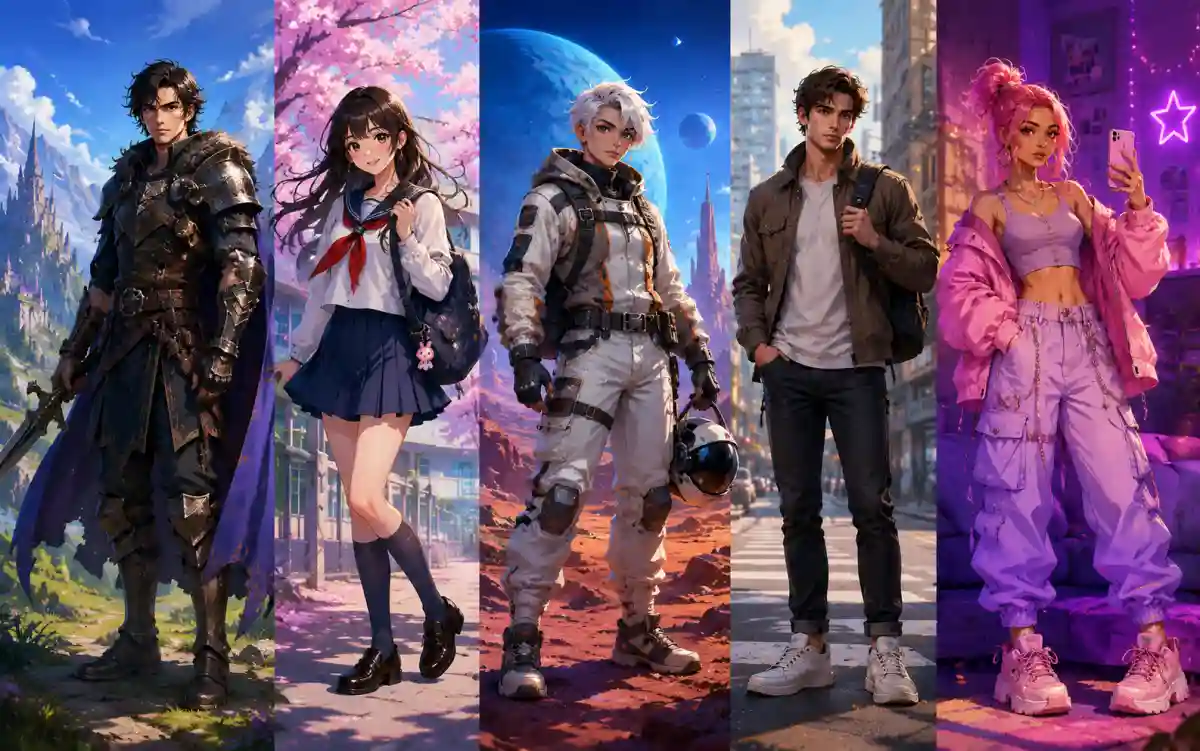 Variety of OC name styles including fantasy, sci-fi, anime, and realistic character names