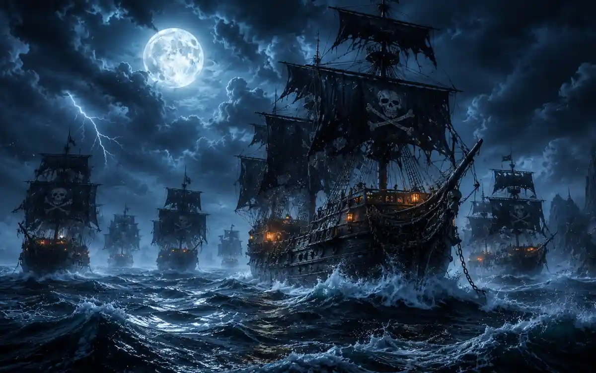 Cursed ghost ship emerging from foggy waters with tattered sails