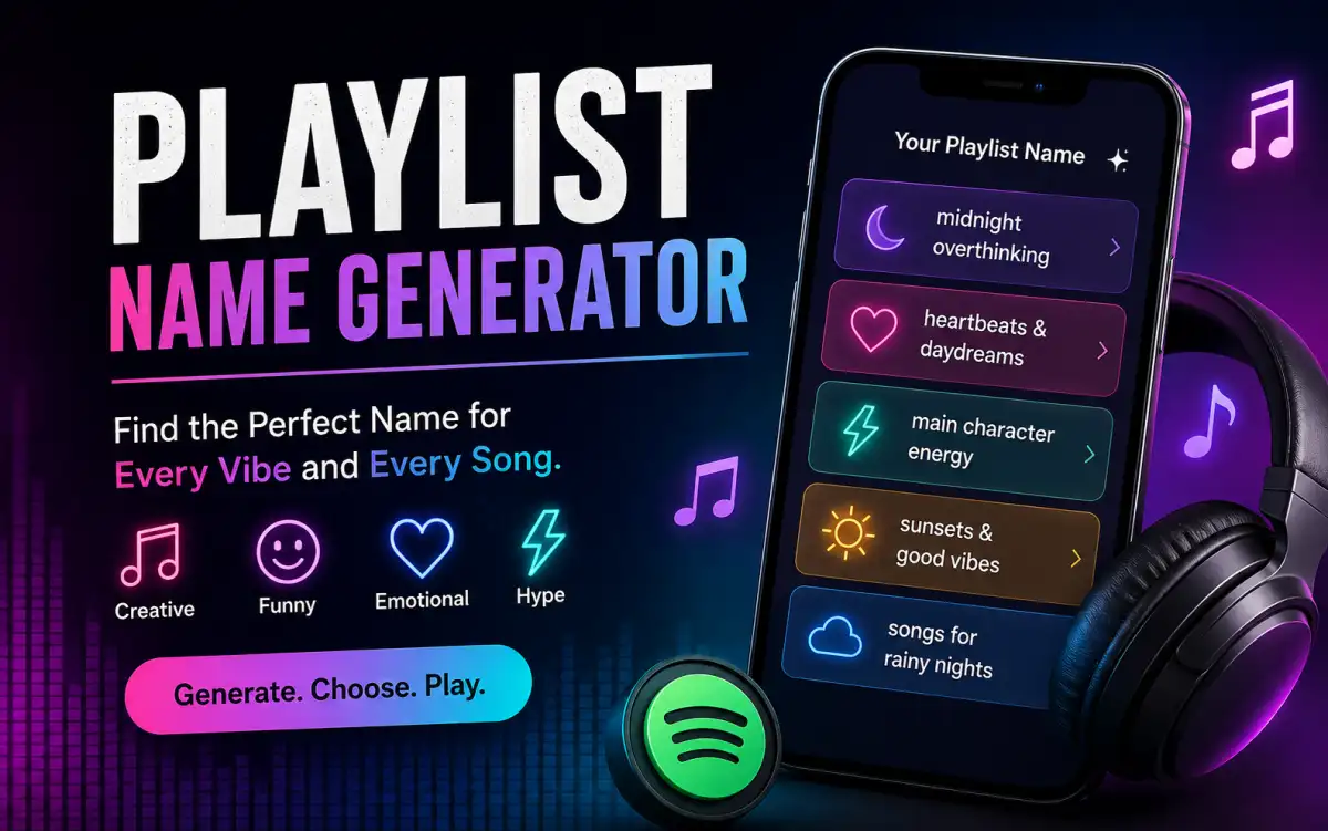 Aesthetic playlist names displayed on a phone screen with mood lighting and music notes