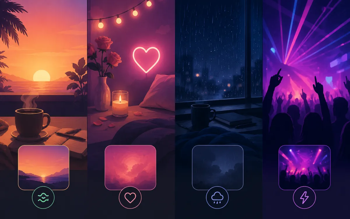 Collage of playlist name styles including aesthetic, funny, sad and chill categories on Spotify