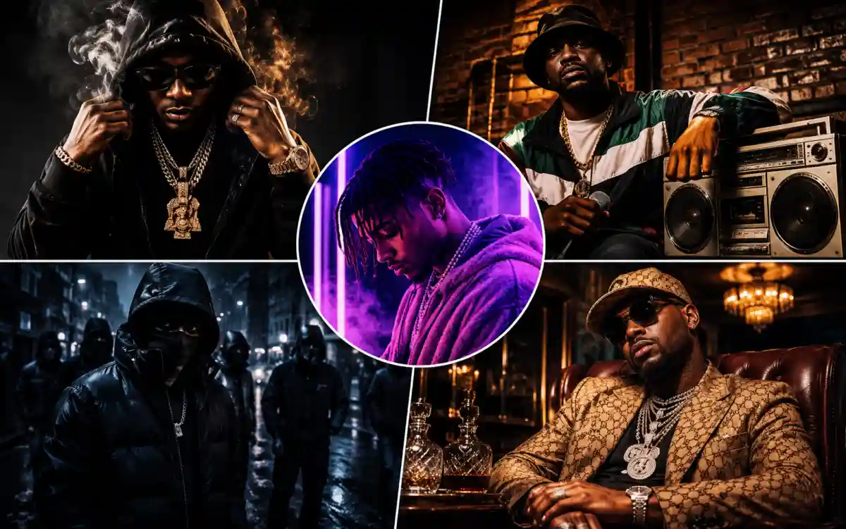 Different rap name styles displayed across hip-hop subgenres from trap to conscious