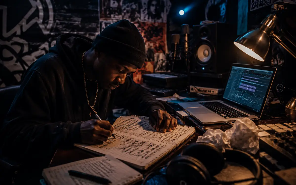 Rapper on stage performing under neon lights representing different hip-hop name styles