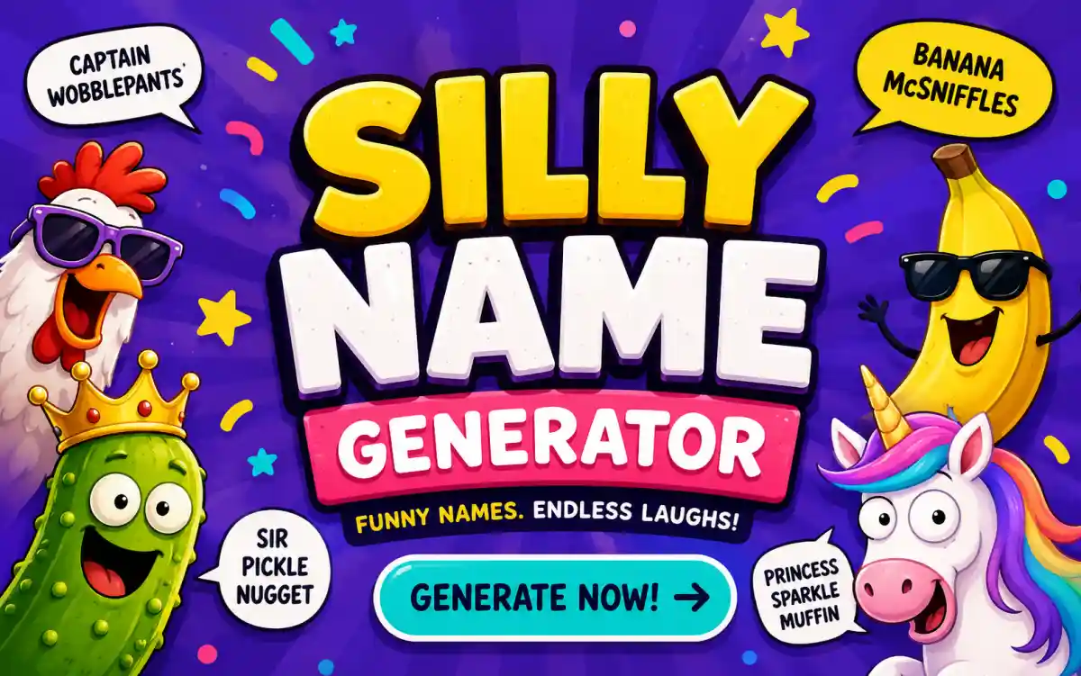 Silly and goofy name generator tool creating funny random names for games and social media