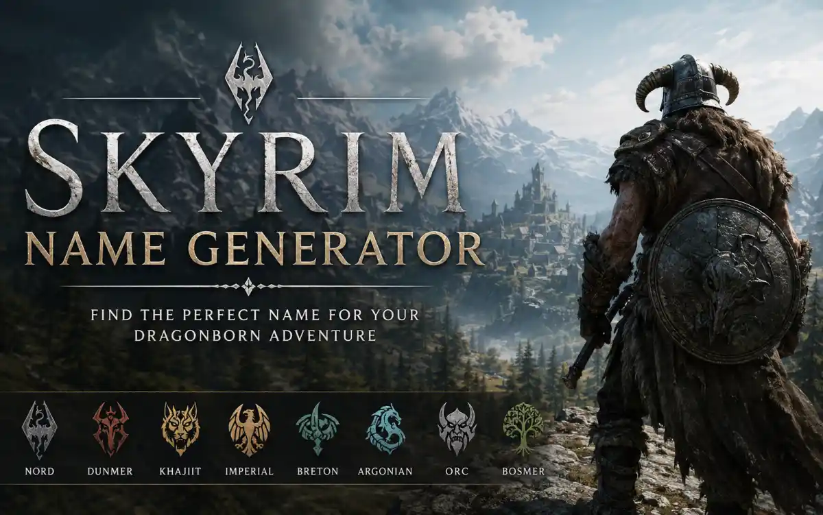 Skyrim name generator inspiration showing Elder Scrolls character names for different races