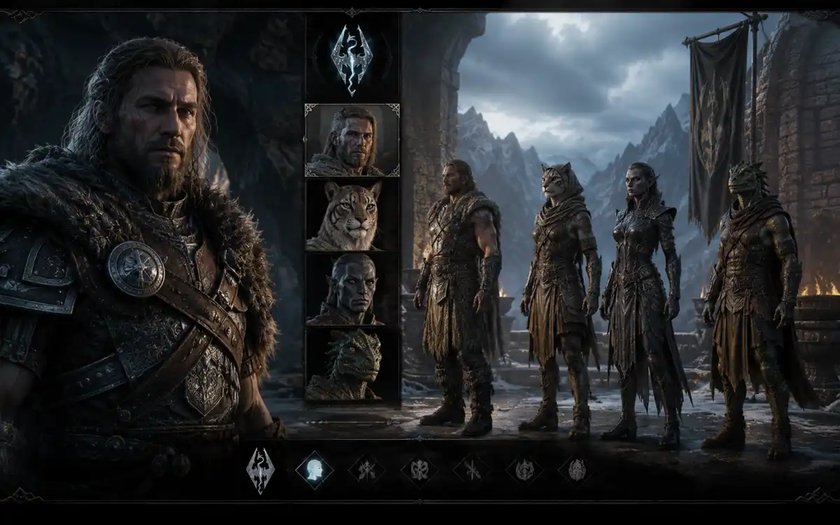 Elder Scrolls Skyrim races showing Nord, Dark Elf, Khajiit and Argonian naming traditions