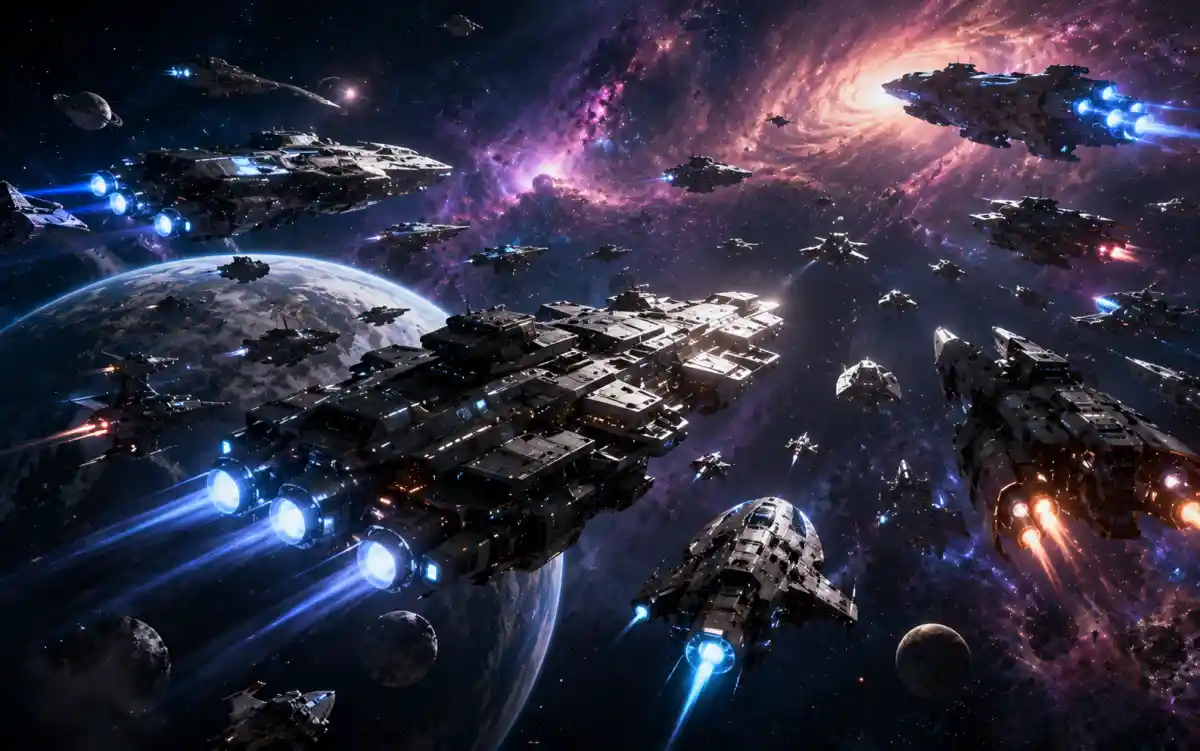 Fleet of military spaceships in formation above a distant planet