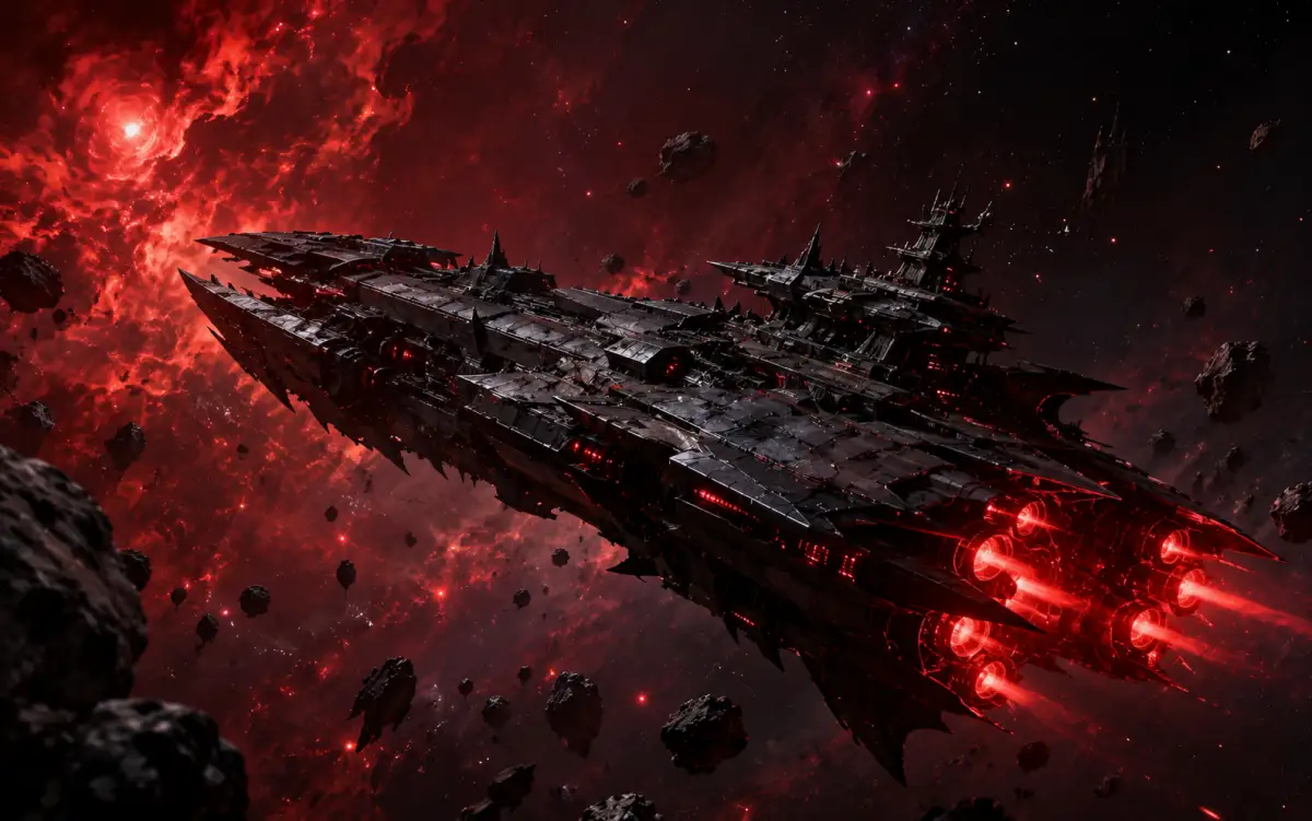 Exploration spaceship approaching a glowing nebula in deep space