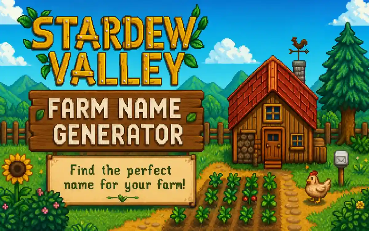 Stardew Valley farm name ideas displayed in a cozy pixel-art style setting