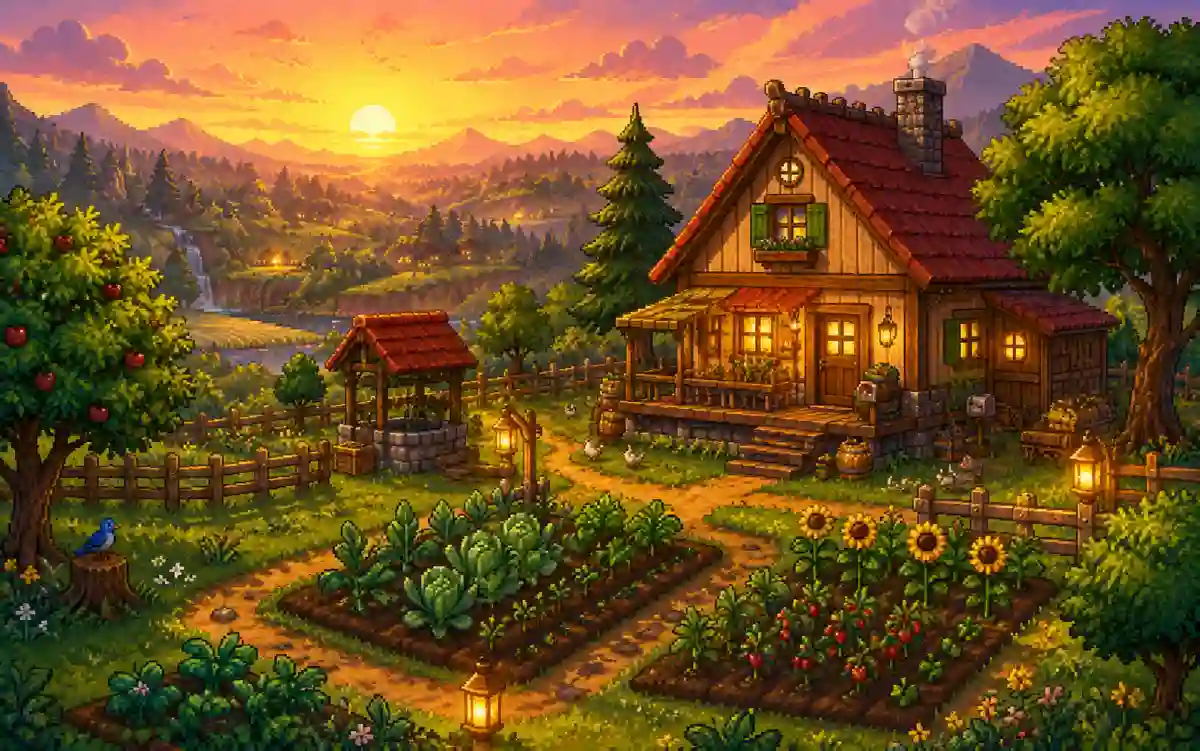 Stardew Valley farm with custom name sign at the farmhouse entrance