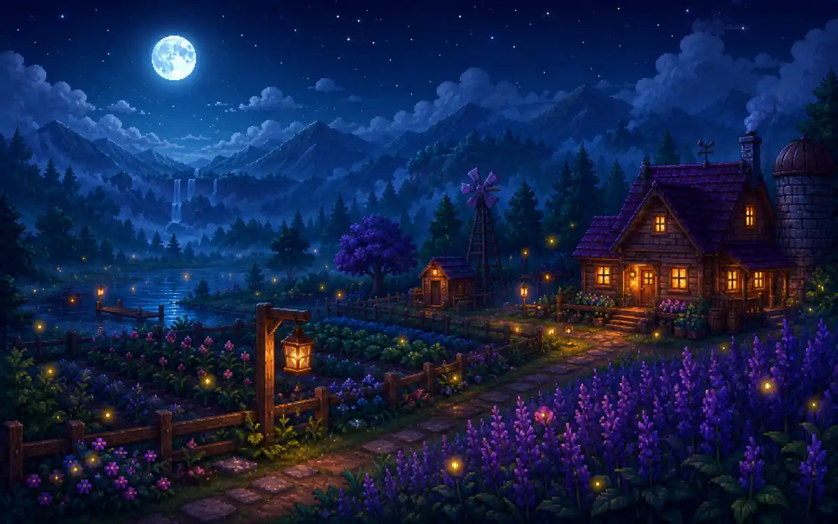 Whimsical Stardew Valley farm decorated with Junimo huts and fairy-tale themed name