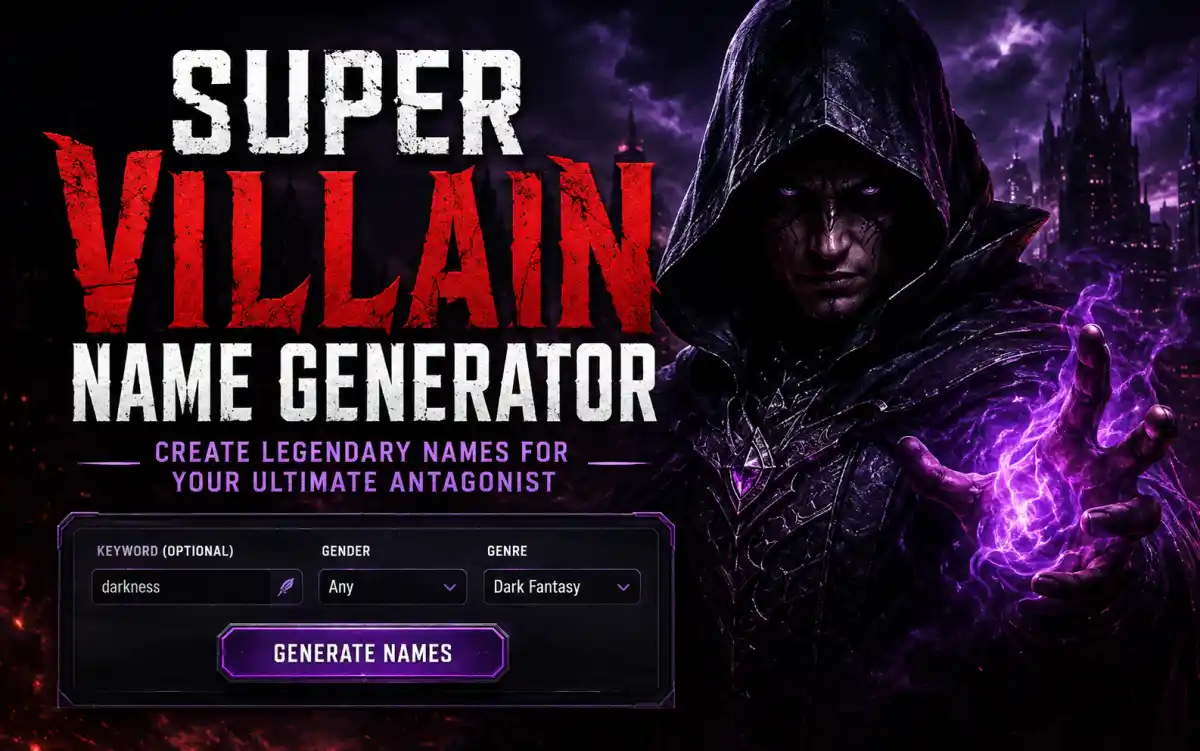 Super villain name generator tool showing creative villain name suggestions for writers and game designers