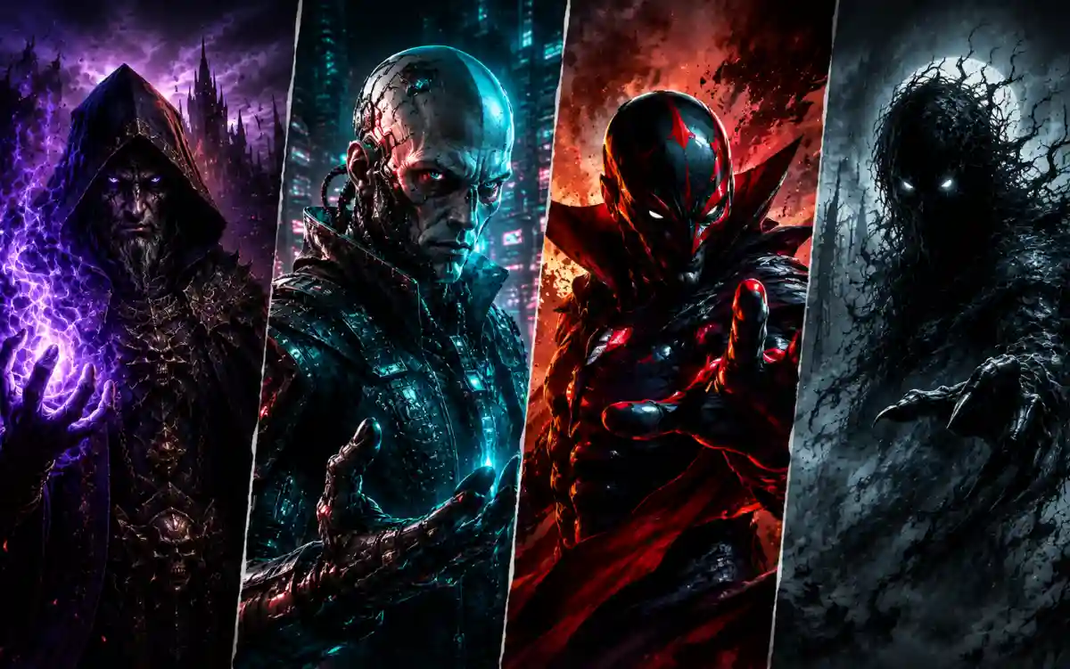 Examples of powerful super villain names across dark fantasy, comic book, horror, and sci-fi genres