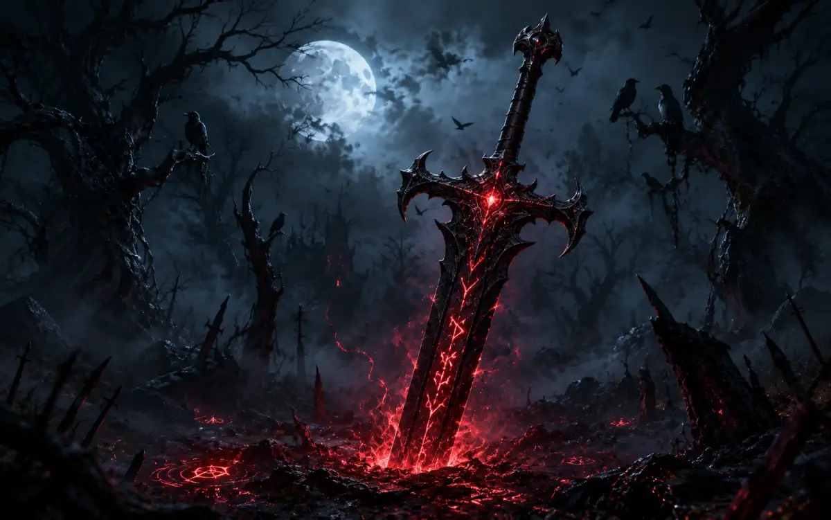 Dark fantasy cursed sword with glowing runes embedded in the blade