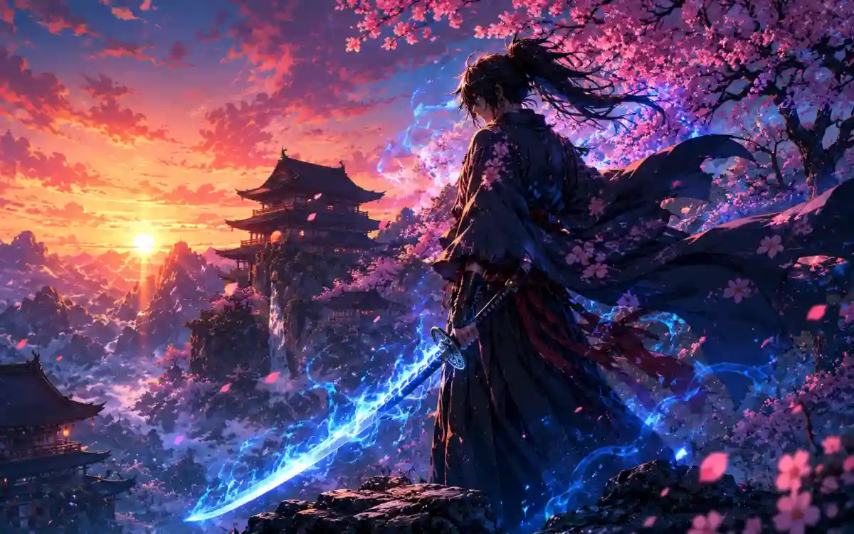 Heroic knight holding an ancient glowing sword aloft in a battlefield