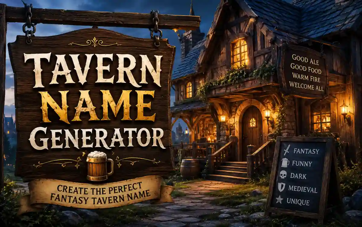 Fantasy tavern interior with warm firelight and adventurers gathered around tables