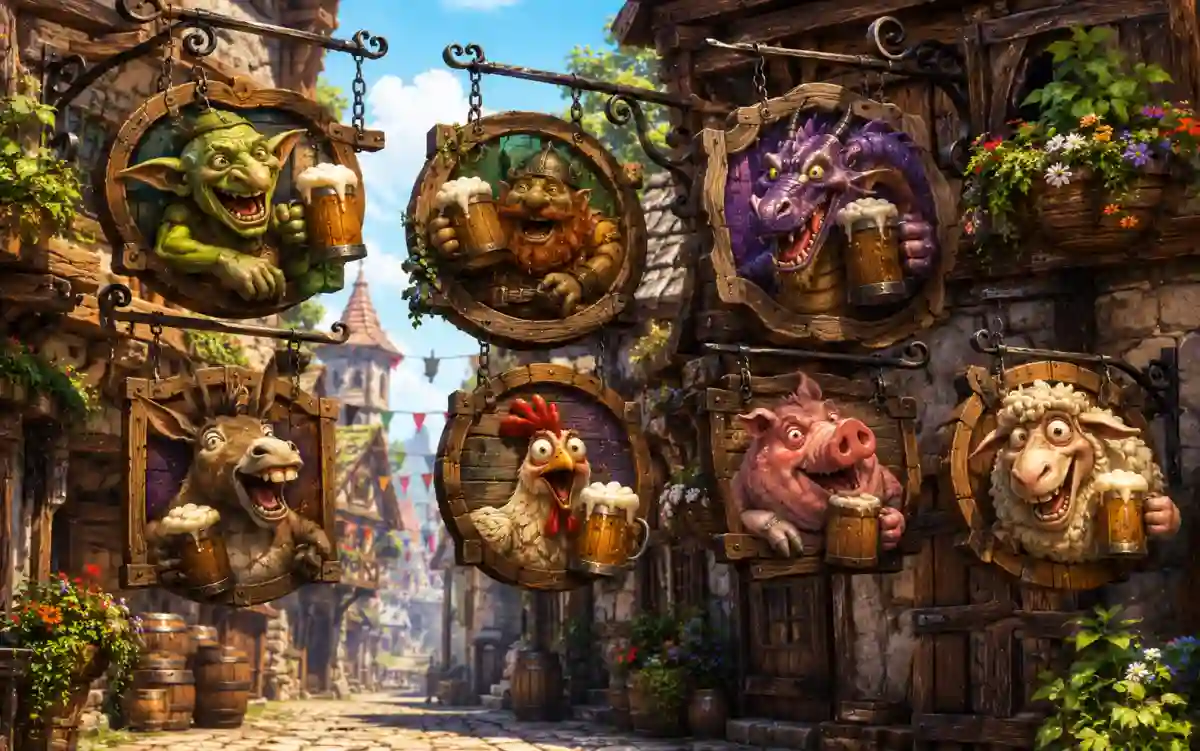 Colorful fantasy tavern sign painted with a jolly goblin holding a tankard